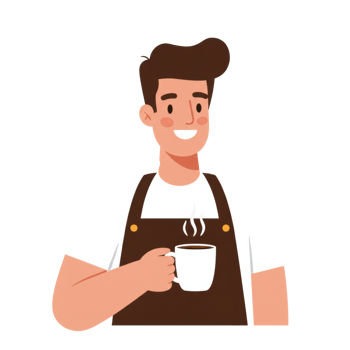 Friendly Barista with Apron Holding Steaming Coffee Cup in a Cheerful Manner png