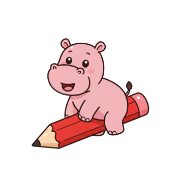 Cartoon hippo character riding a pencil, illustrating education and creativity png