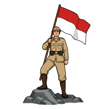 Illustration of a triumphant figure raising the Indonesian flag on a rocky peak png