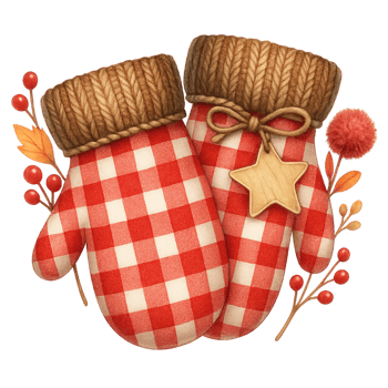 Two mittens with red and white checkered fabric png