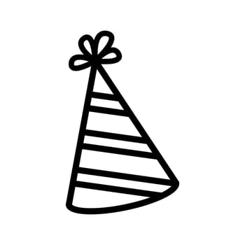 Party Hat Stripe Outline style, striped party hat with pompom, fun accessory symbol for party-themed designs and celebrations. vector