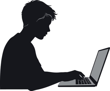 Silhouette of Young Person Using Laptop Computer in Profile View Illustration vector
