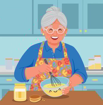 Elderly woman whisking batter in kitchen wearing colorful apron cooking activity illustration vector