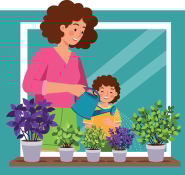 Mother and child watering potted plants by window in home gardening activity vector