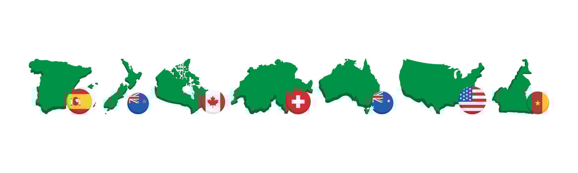 Illustrative representation of different countries. Each map is paired with its respective national flag, emphasizing the connection between territory and national identity. vector