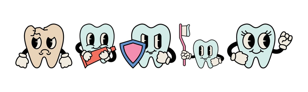 Collection of cartoon tooth characters, each with distinct personality and accessories, promoting dental health and hygiene in a playful and engaging manner. vector