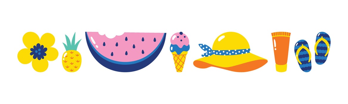 Vibrant cartoon elements depicting summer holidays. Isolated icons like flower, pineapple, watermelon, ice cream, hat, sunscreen, and sandals creating a cheerful scene. vector