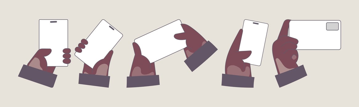 Illustration depicting hands holding various electronic devices, ideal for mockups, presentations, and digital user interfaces. vector