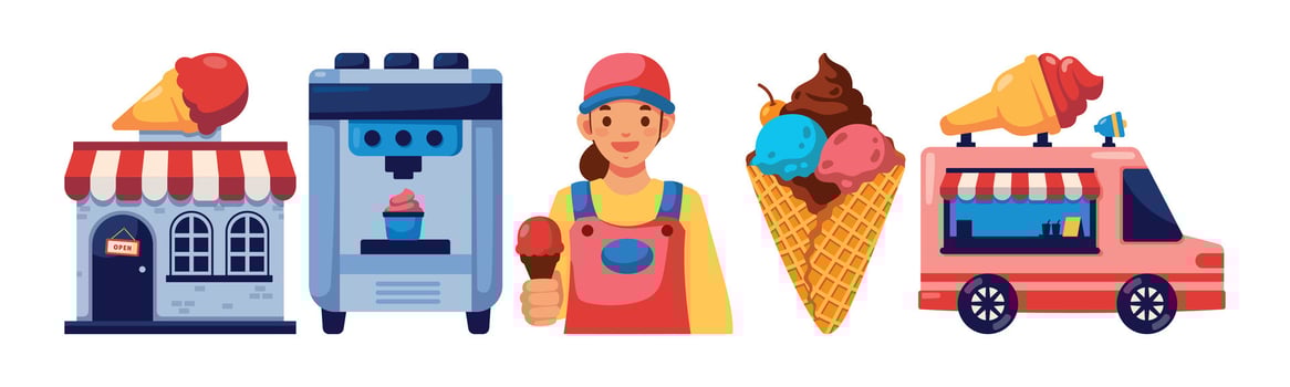 Colorful cartoon illustration showcasing an ice cream vendor with a shop, truck, and various delicious frozen treats. vector
