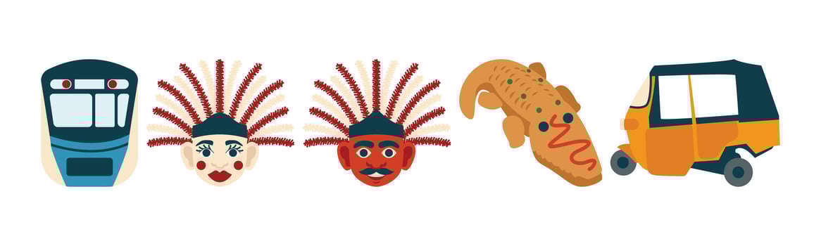 A vibrant image showcasing iconic elements of Jakarta city culture, including transportation, traditional mask ondel-ondel, crocodile bread, and more. vector