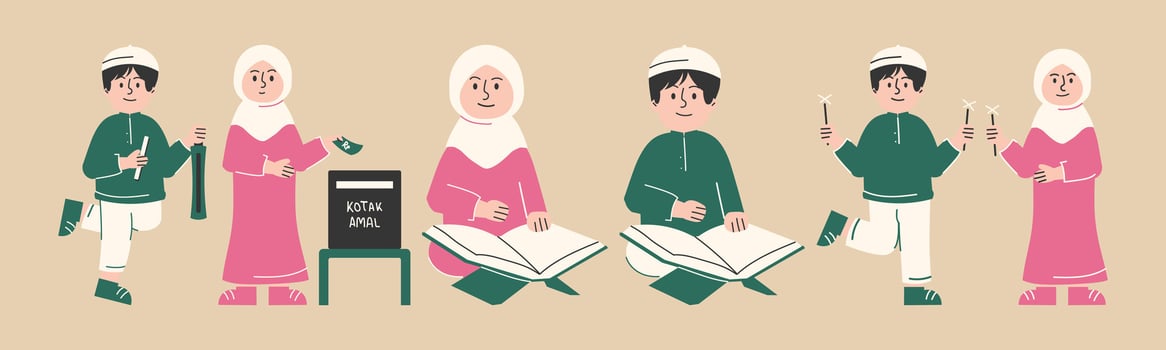 A lighthearted illustration showcasing muslim children engaged in learning, charity and traditional practices with kindness and togetherness. vector