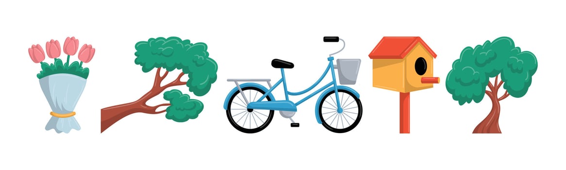 Collection of cartoon style elements. Isolated illustrations depicting springtime, tulips, trees, a bicycle and a birdhouse. vector