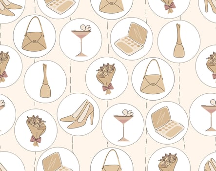 Seamless pattern in beige colors with hand-drawn ladies' stuff. vector