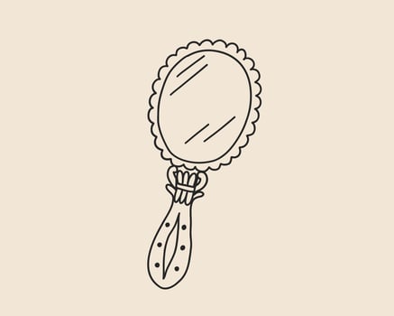 Line art mirror with frame isolated. Woman whimsical antique pocket mirror. Coquette hand drawn makeup baroque mirror sketch outline illustration vector