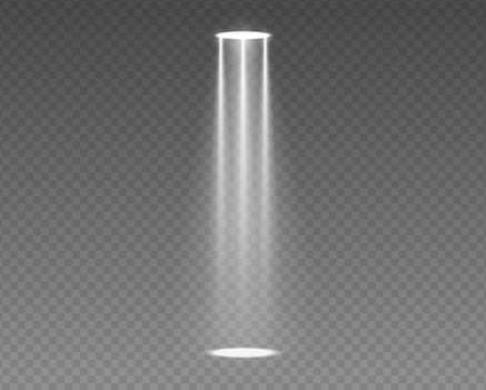 Bright stage spotlight beam with realistic glow on dark background. illustration for concert lighting, nightclub scenes or party events. Neon effect with glitter and sparkling flare. vector