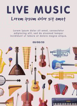 Live Music Banner with Orchestral Musical Instruments, Advertisement Poster, Brochure, Flyer, Invitation Card Illustration vector