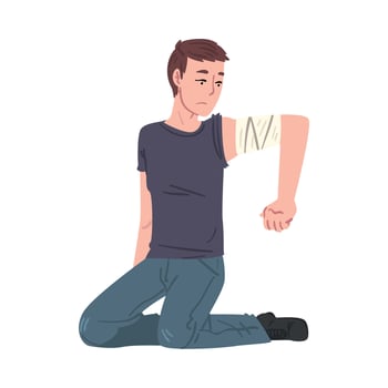 Young Man Sitting on his Knees with Bandaging Injured Arm, First Aid Conept Illustration on White Background. vector