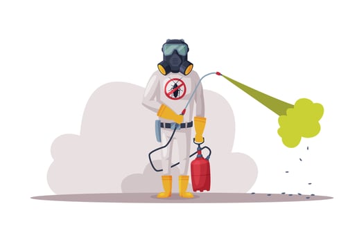 Exterminator Wearing Protection Uniform and Gas Mask Using Pressure Sprayer, Pest Control Service Worker Illustration vector