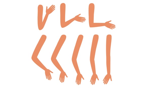Human Arms in Various Poses Set, Male or Female Body Part, Constructor for Animation Cartoon Style Illustration vector