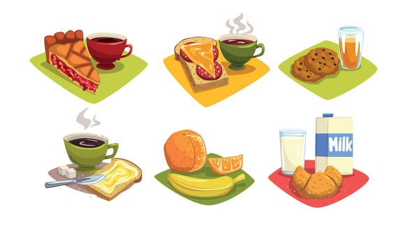 Breakfast Dishes Set, Morning Food Menu Illustration White Background vector