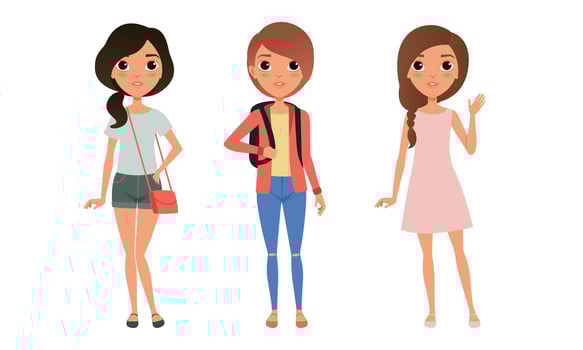 Three Girls Dressed in Trendy Clothes Standing Together, Group of Cute Teenagers Characters Cartoon Style Illustration vector
