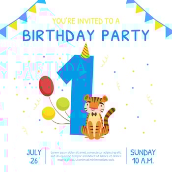Happy First Birthday Invitation Card Template, Birthday Anniversary Number with Cute Little Tiger Animal Cartoon Illustration vector