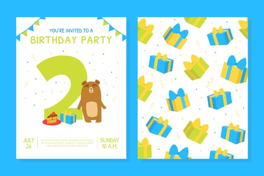 Happy Second Birthday Invitation Card Template, Birthday Anniversary Number with Cute Bear Animals, Front and Back Sides Cartoon Style Illustration vector