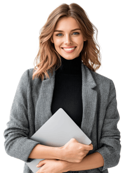 Young business woman smiles confidently while holding a laptop in a stylish outfit against a transparent background png