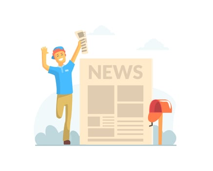 Smiling Boy Courier Delivering Newspapers to Mailbox Illustration vector