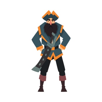 Funny Pirate in Tricorne Hat Standing with Hands on His Hips, Male Buccaneer Cartoon Character Illustration vector