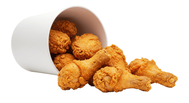 A bucket of fried chicken pieces spilling out onto a surface with some pieces scattered around it nicely png