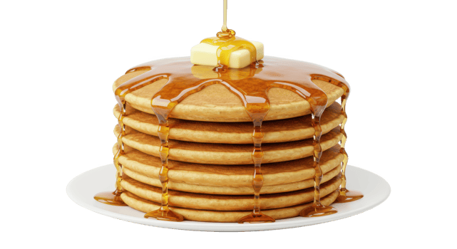 A stack of pancakes topped with butter and syrup on a white plate against a blurred background image view png