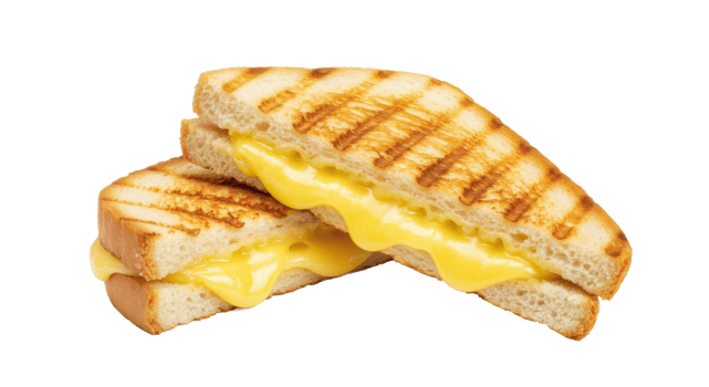 A close up view of a grilled cheese sandwich with melted cheese and grill marks on the toasted bread slices png
