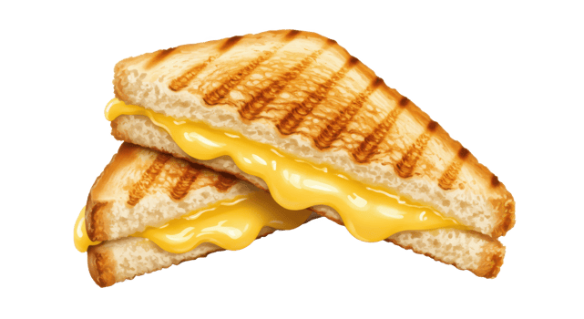 A close up of two halves of a grilled cheese sandwich with melted cheese oozing from the sides on a table png
