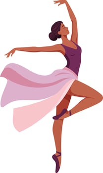 Ballerina dancing elegant ballet pose with flowing pink skirt and purple top illustration vector