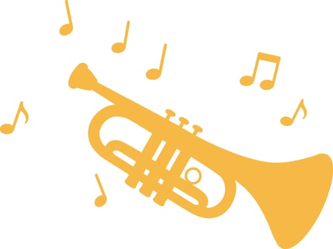 Trumpet musical instrument with musical notes illustration in yellow color on white background vector