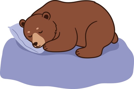 Brown bear sleeping peacefully on blue pillow simple cartoon animal illustration vector