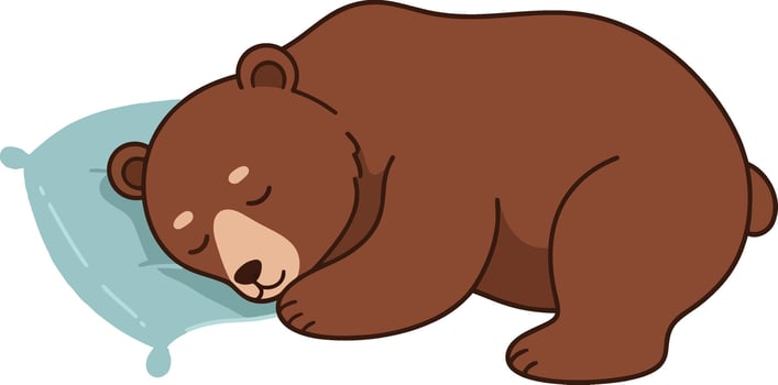 Sleeping brown bear resting its head on blue pillow with peaceful expression illustration vector