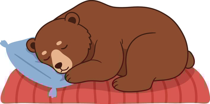 Brown bear sleeping comfortably on pillow and striped blanket illustration for cozy animal design vector