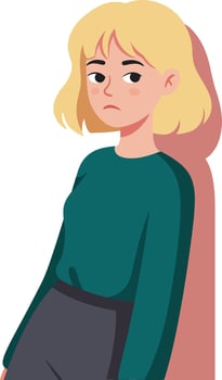 Sad young woman with blonde hair wearing green sweater leaning against wall illustration vector