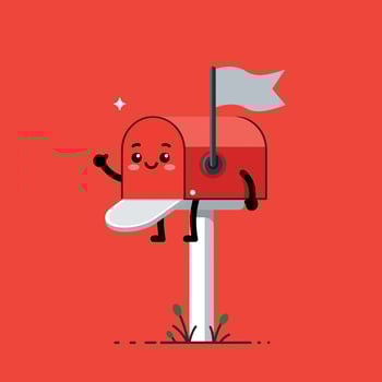 Happy red mailbox waving hand with white flag illustration on bright background vector