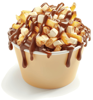 Delicious French fries topped with chocolate and cheese in a paper cup. png