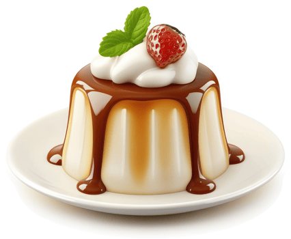Delicious, creamy dessert with caramel sauce and berries. png