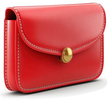 Red leather phone case, angled view, digitally rendered. png