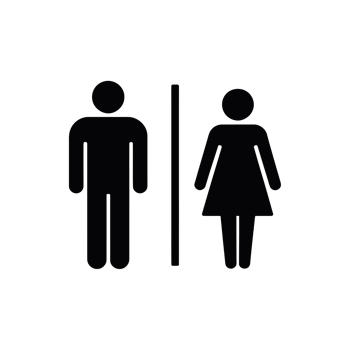 Silhouettes of a male and female figure are separated by a vertical line, creating a symmetrical design often used for restroom signage. cutouts png