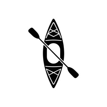 A black silhouette of a kayak is positioned vertically with a paddle crossing diagonally over it. cutouts png
