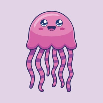 Cute pink jellyfish cartoon with big blue eyes, smiling face, and flowing striped tentacles. Kawaii-style illustration on a solid light purple background with clean lines. vector