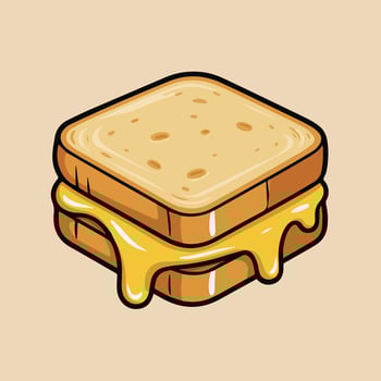 Cute kawaii grilled cheese sandwich with melty yellow cheese and golden bread. Simple lines, beige background, floating style perfect for food icons or kids graphics. vector