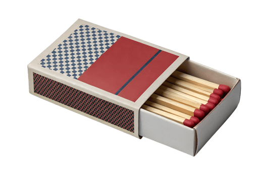 Partially open matchbox filled with wooden matches isolated, vintage fire-starting tool on transparent background png
