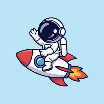 Cute cartoon astronaut waving while riding red and white rocket on light blue background. Simple kid-friendly space art with bold colors, flames, and clean lines. vector